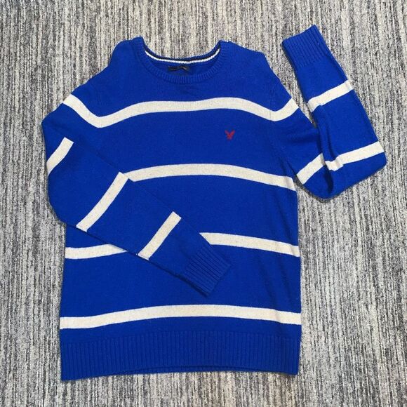 American Eagle Outfitters Mens Large Crewneck Sweater Blue White Stripe Athletic - Picture 1 of 6